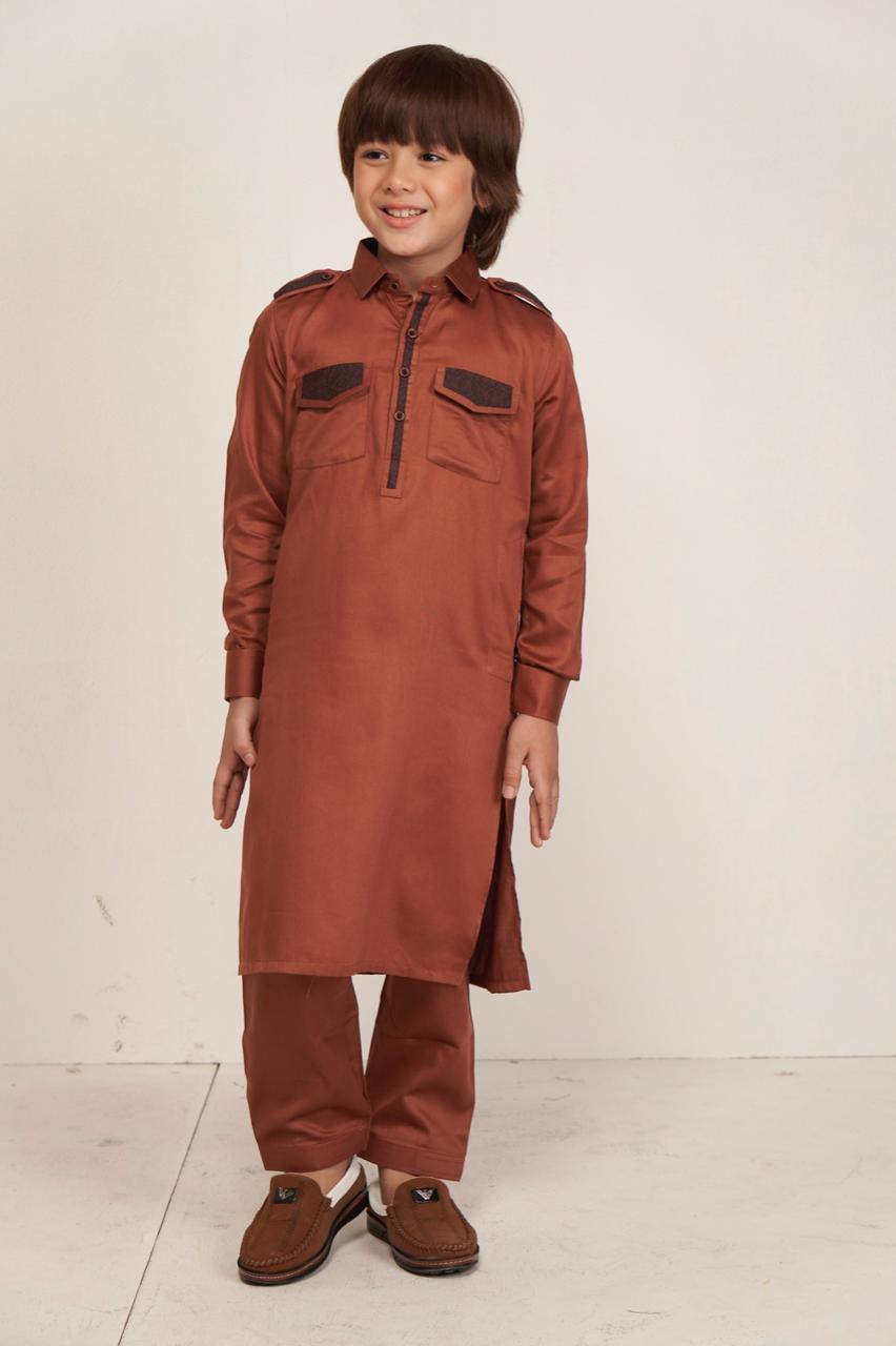 Turan Kids Pathani Set - Copper Brown