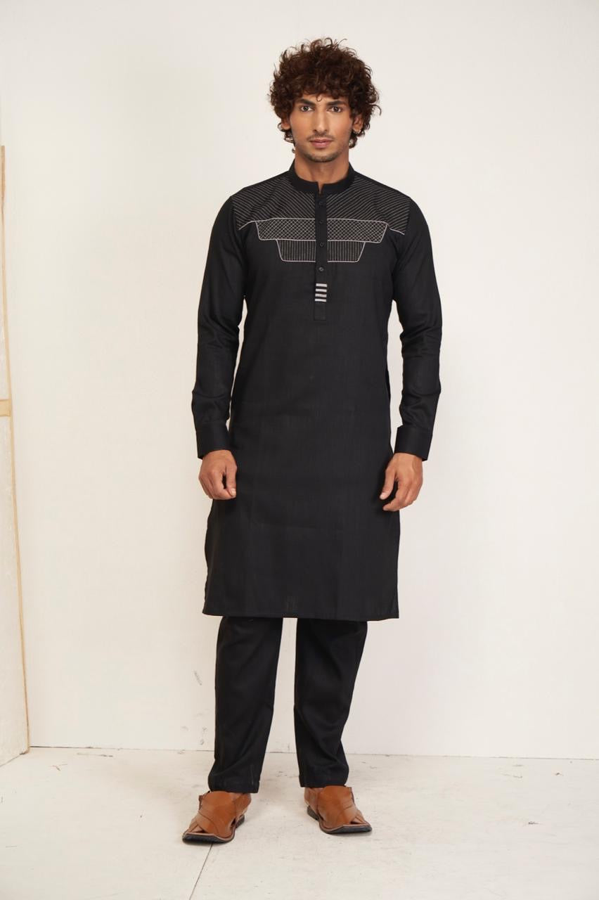Siyah Geometric Kurta Set