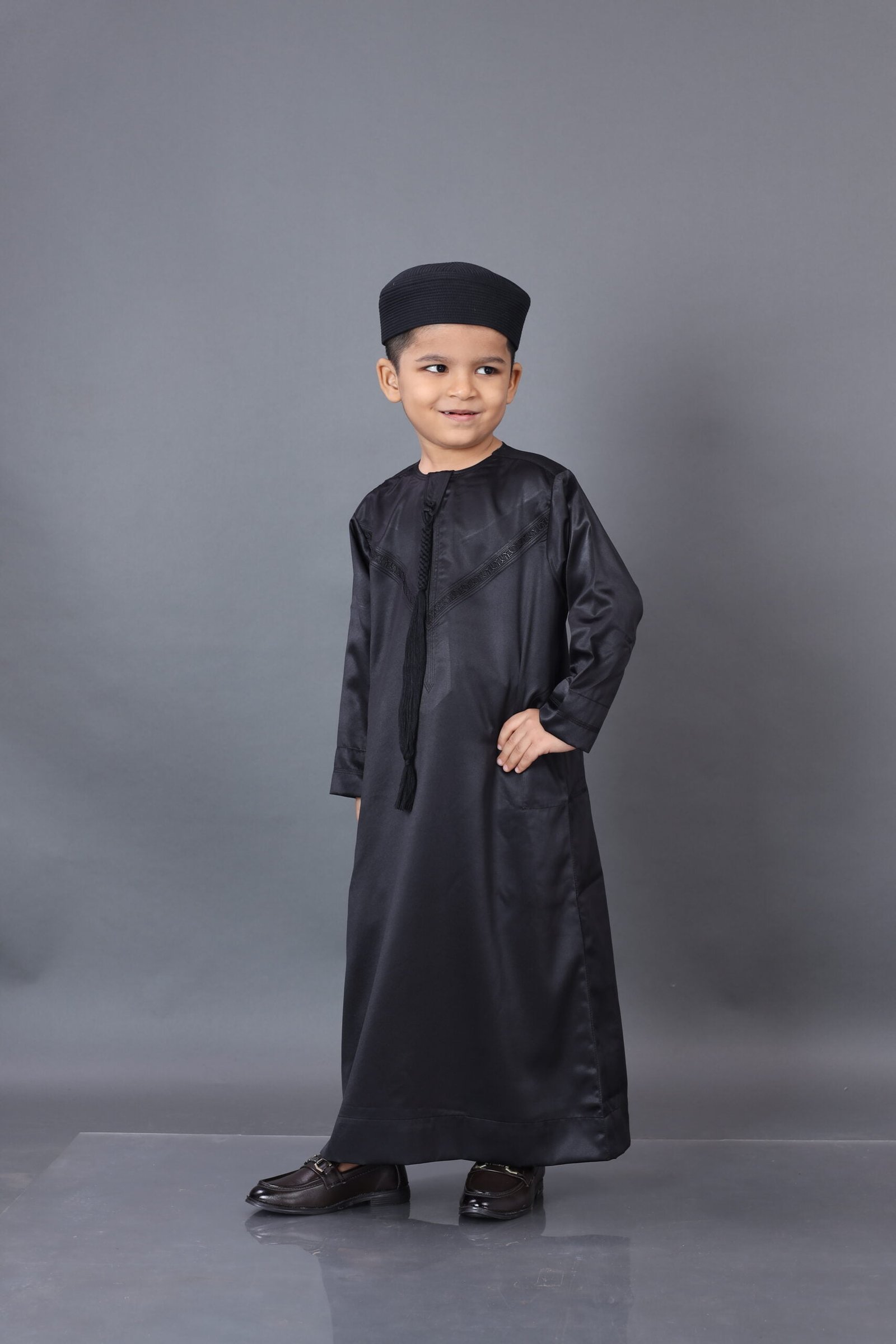 Midnight Opulence Black Emarati Kids Thobe: Where Stardust Meets Tradition