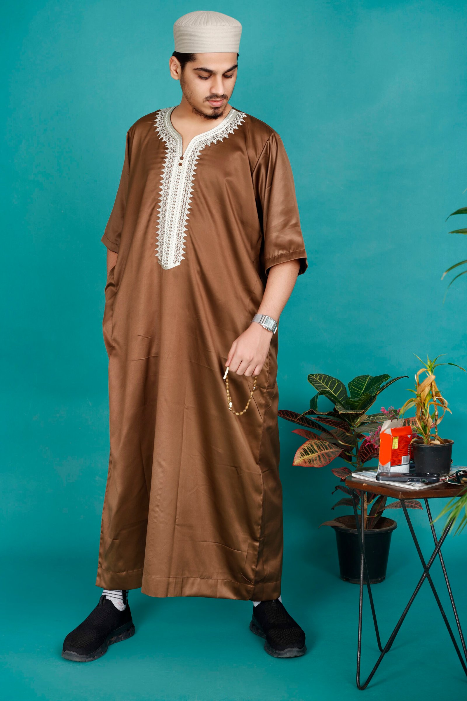 Rust Artistry: Handcrafted Moroccan Thobe with Intricate Embroidery