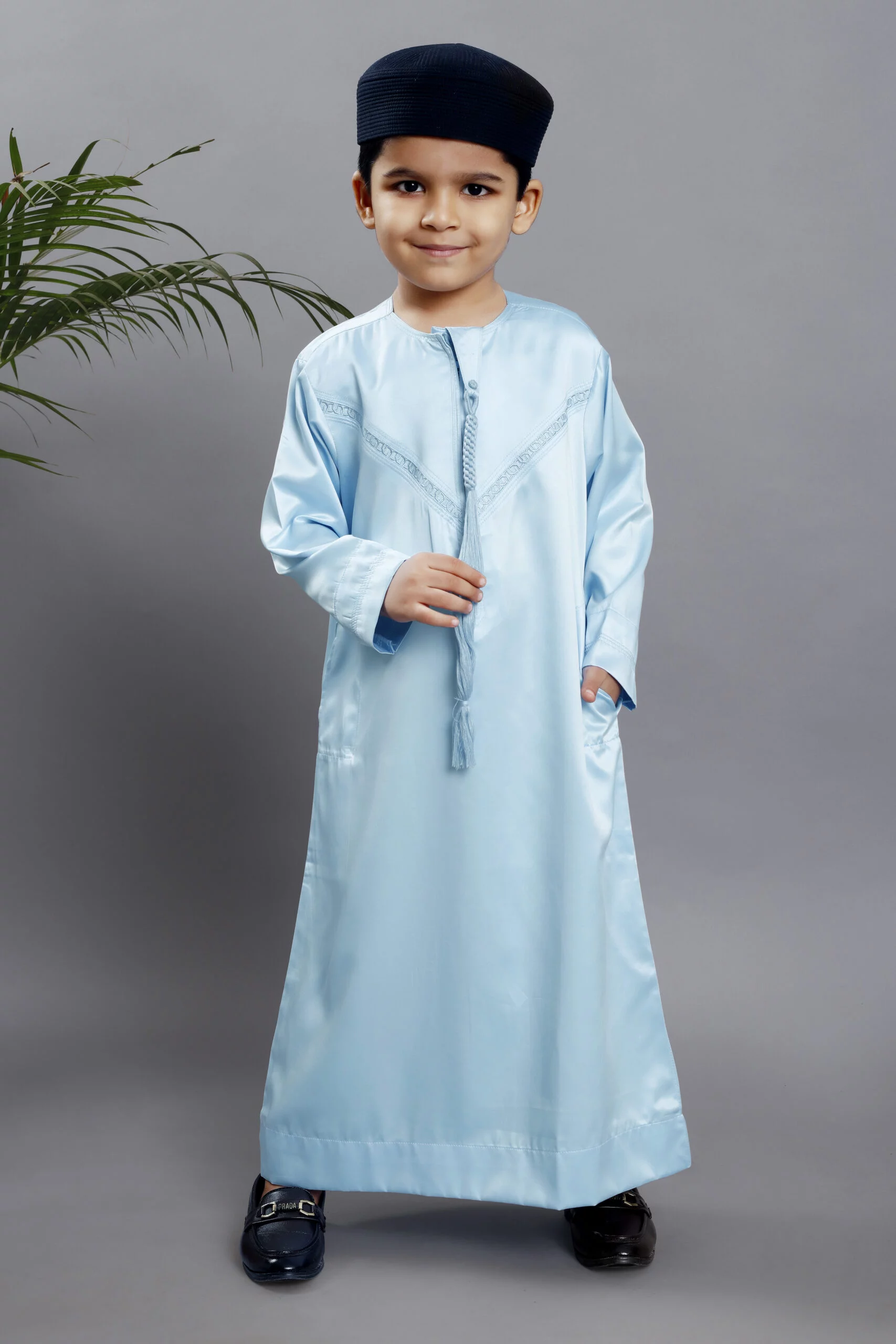 Sapphire Serenity: Luxurious Ethereal Sky-Blue Emarati Kids Thobe