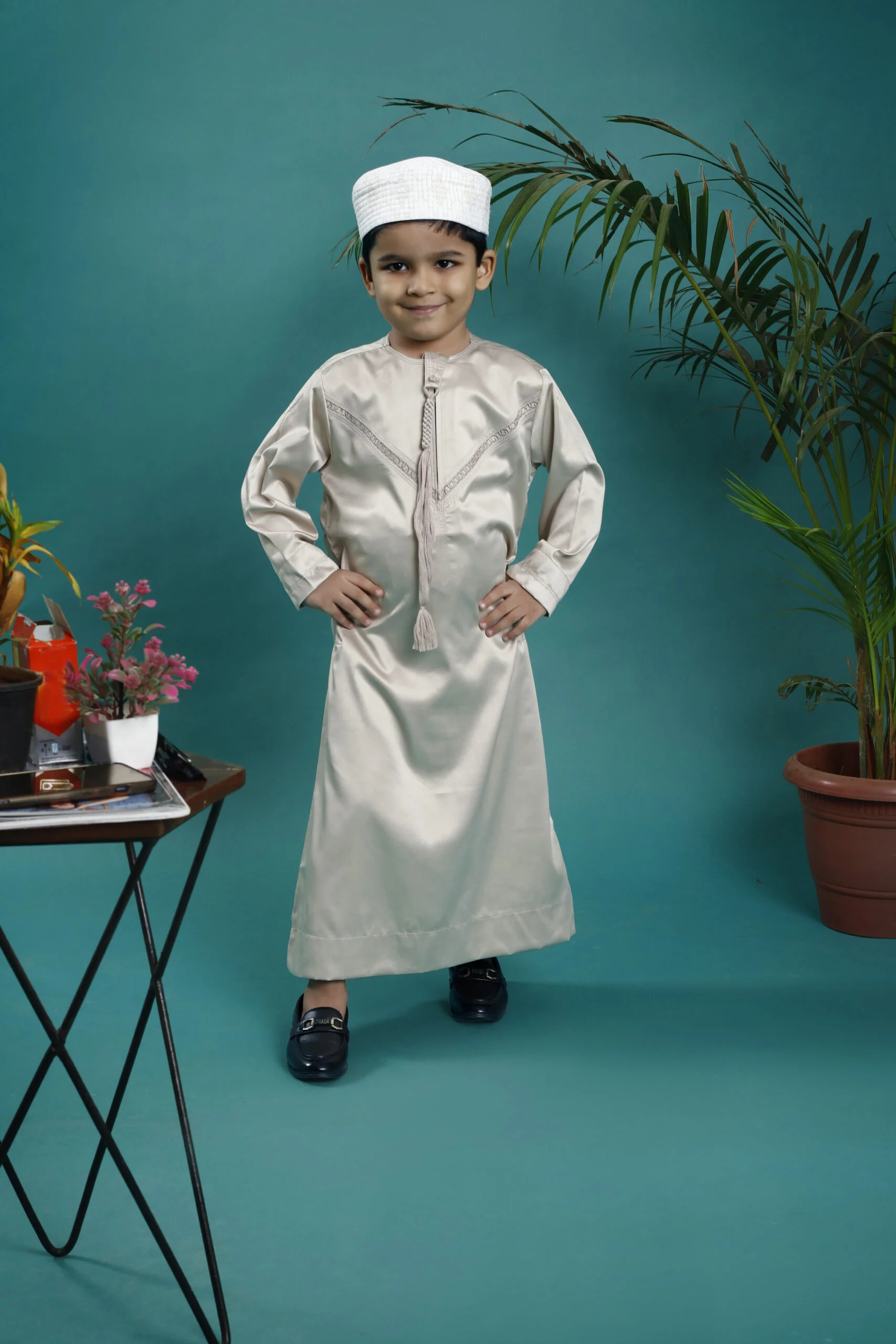 Desert Sands Chic: Beige Emarati Kids Thobe - The Colour Of Whispered Tales